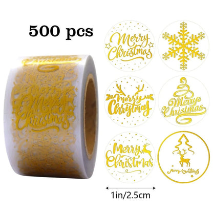500pcs/Roll Golden Snowflake Christmas Stickers Transparent Self-Adhesive Decoration Holiday DIY Crafts Scrapbooking Supplies