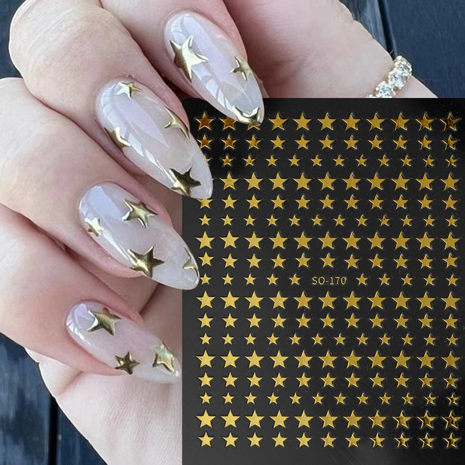 3D Black Pink Stars Stickers for Nails Golden Silvery Stars Adhesive Nail Decals Autumn Winter Festival DIY Nail Art Accessories
