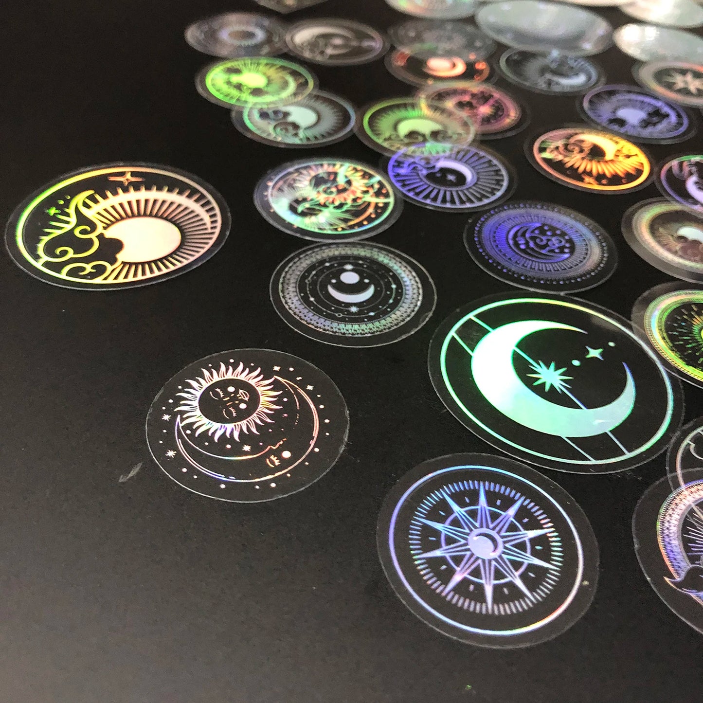 70 pcs Glitter Gold PET Adhesive Stickers Waterproof Transparent Label: SUN MOON Stars Etc