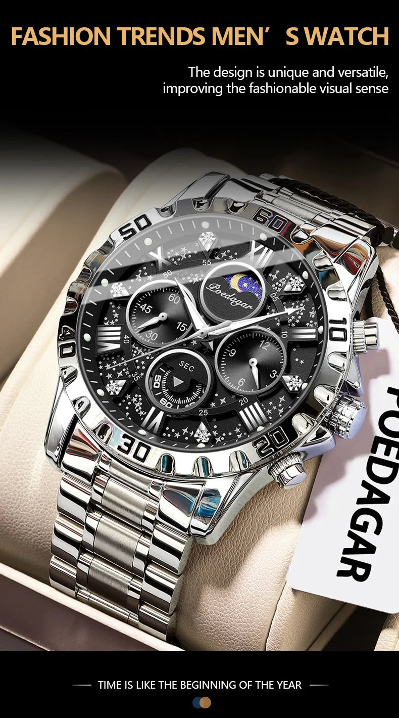 POEDAGAR Luxury Man Watch Waterproof Luminous Stainless Steel Quartz Men's Wristwatch Chronograph Military Watches For Men Reloj