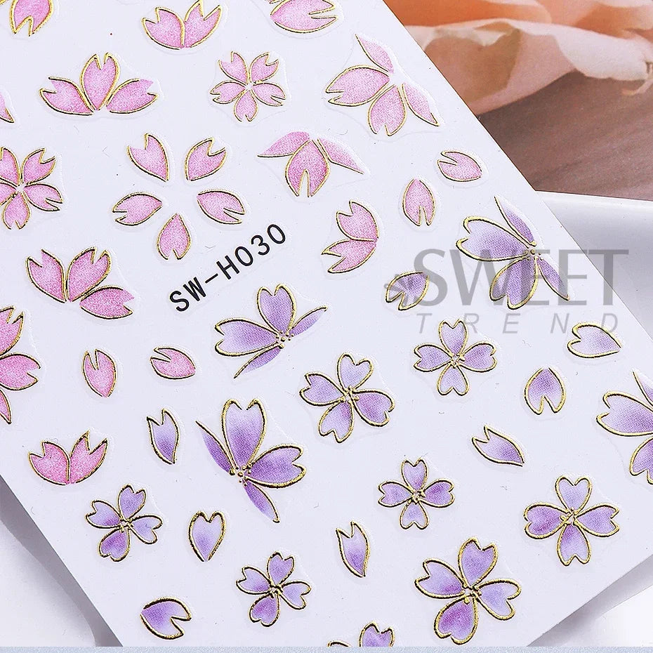 5pcs Metallic Gold Line Flower Nail Stickers 3D Bronzing Border Petals Sakura Leaf Nail Decals Slider DIY Elegant Manicure Decor