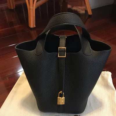 Stylish Handbag, Unique Bucket Classic Shopping Tote Bag, Soft PU Litchi Pattern Basket Women Bag with Lock Small Horse Scarves