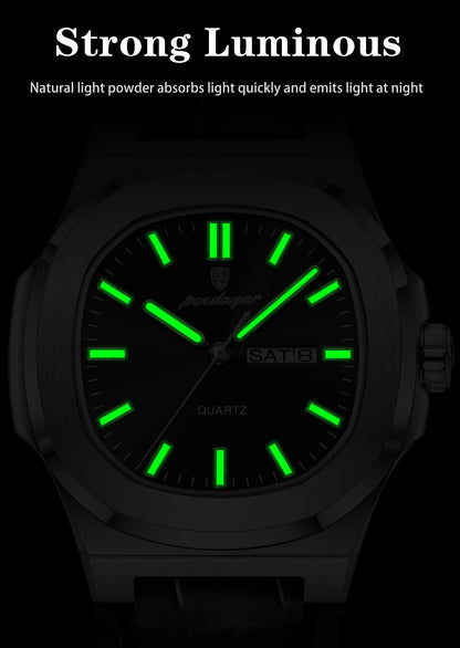 POEDAGAR Square Wristwatch For Men Luminous Waterproof Week Calendar Luxury Man Clock Leather Quartz Fashion Men's Watches Reloj