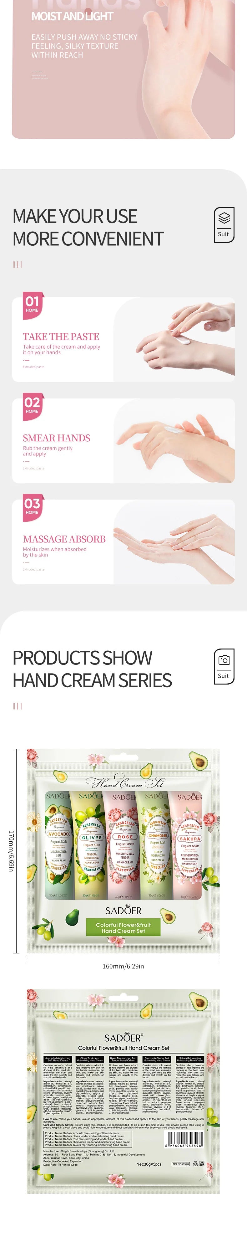 5Pcs/Pack Fruit Plant Fragrance Hand Cream Sets Moisturizing Lasting Repair Anti Dry Hand Lotion Sets Hands Skin Care Products