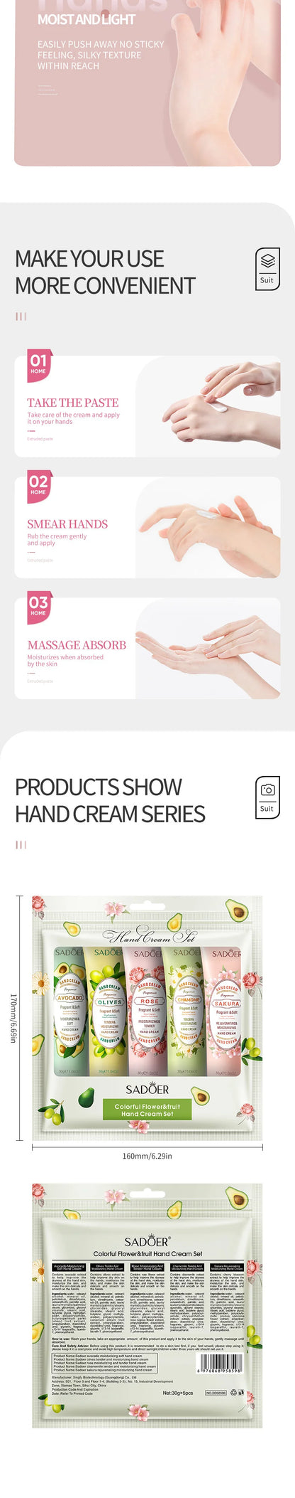 5Pcs/Pack Fruit Plant Fragrance Hand Cream Sets Moisturizing Lasting Repair Anti Dry Hand Lotion Sets Hands Skin Care Products