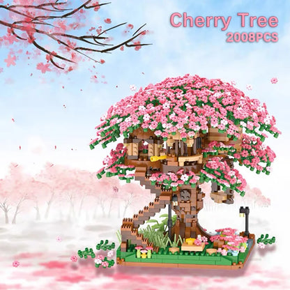 Sakura Tree Micro Blocks with LED Lights - Cherry Blossom Treehouse Model, 3D Romantic Night Glow Decor, Thoughtful Gift for Her