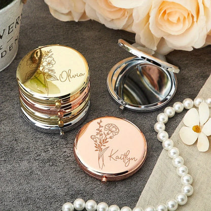 Engraved Compact Mirror with Birth Flower Design Elegant Portable Pocket Mirror for Her Custom Name Personalized Birthday Gift