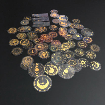 70 pcs Glitter Gold PET Adhesive Stickers Waterproof Transparent Label: SUN MOON Stars Etc