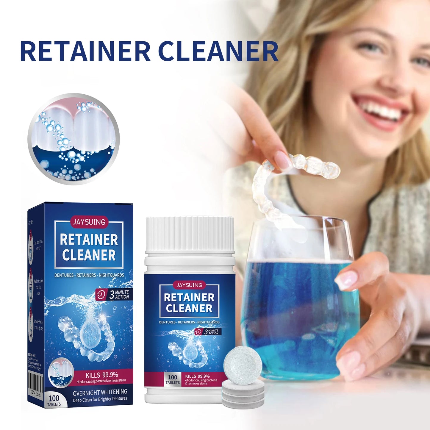 100PCS Denture Cleaning Tablets Removes Odor Oral Cleaning Retainer Cleaner for Aligner Mouth Night Guard