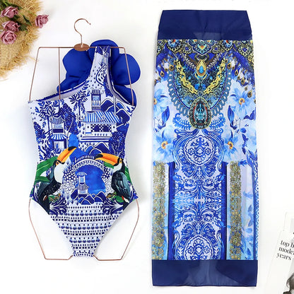 Blue One-Shoulder Ruffled Print Floral Swimsuit Set Cover Up Single Piece Micro Monokini Sexy Swimwear For Girls Summer Beach