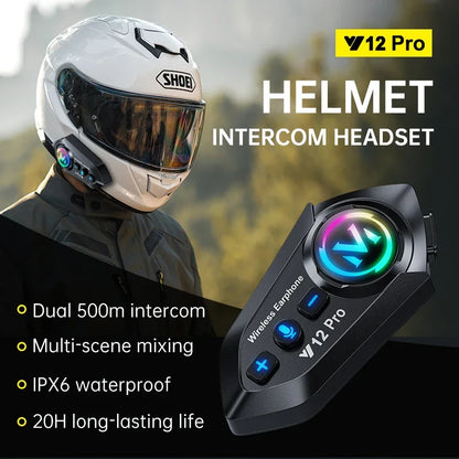 Y12 Pro Dual Mic Motorcycle Helmet Intercom Headset Wireless Hands-free Call Waterproof Music Player Speaker FM Radio Earphone