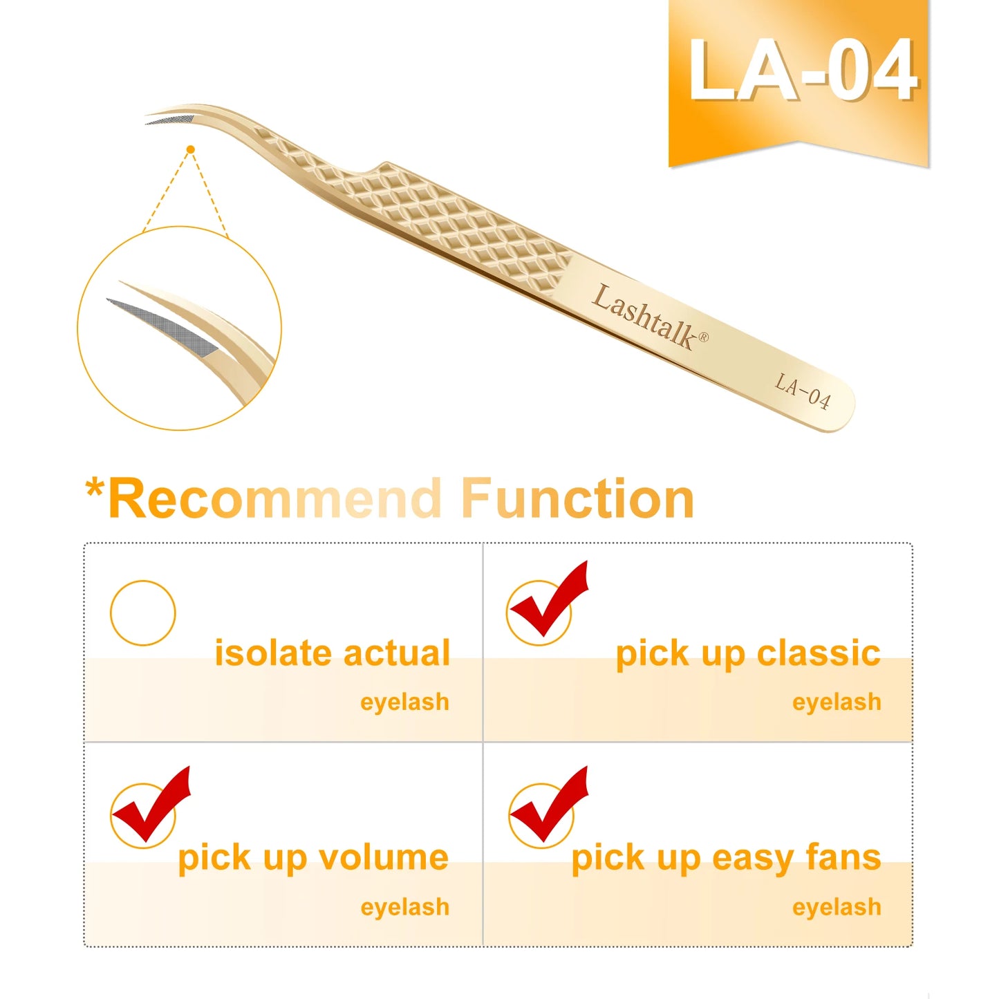 Lashtalk Precision Fiber Tip Tweezer Eyelash Extensions Diamond Grip Anti-Slip Premium Gold Stainless Steel Makeup With Box Pack