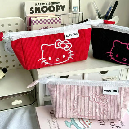 Cute Hello Kitty Corduroy Large Capacity Stationery Storage Bag Portable Handbag Cartoon Pen Bag with High Appearance Value