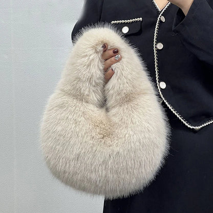 Fashion Soft Plush Half Moon Bags for Women Designer Fluffy Faux Fur Lady Handbags Luxury Small Tote Female Winter Purses