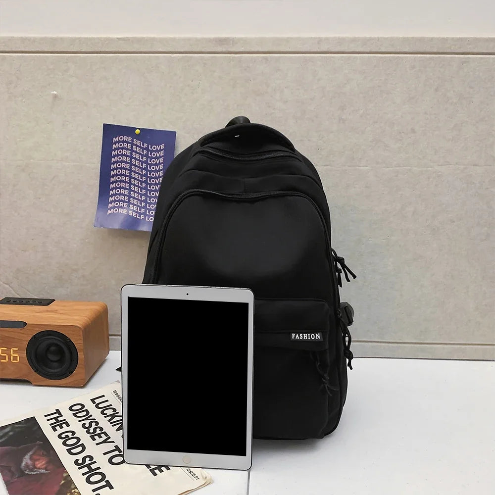 Large Capacity Solid Color Student Backpack Junior and High School Simple Black Travel Backpack