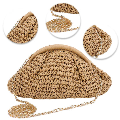 Women Straw Woven Bag Chain Strap Straw Clutch Purse Large Capacity Stylish Crossbody Bag Solid Color for Summer Beach