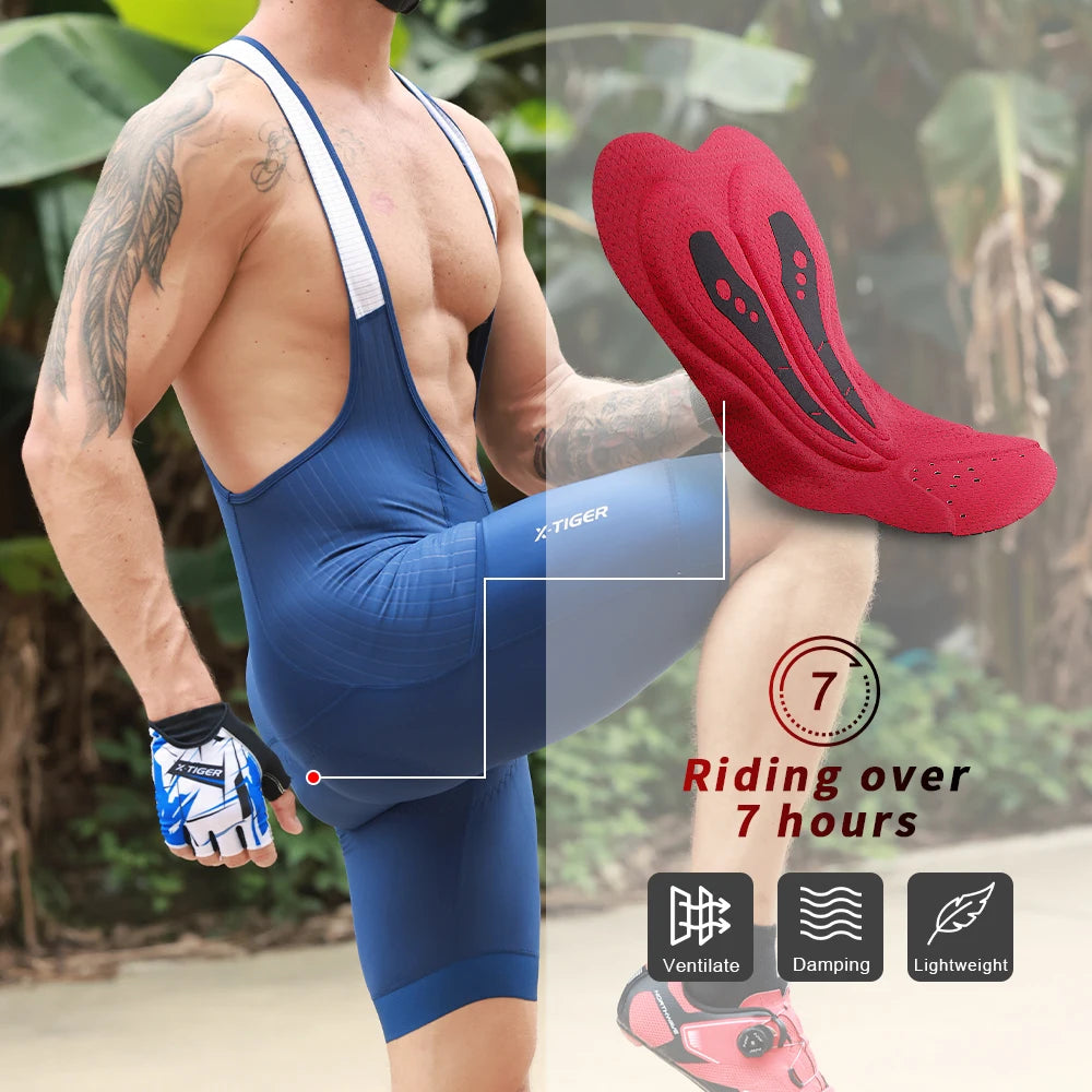 X-TIGER Men's Cycling Shorts Long Distance Riding Bib Shorts Pro Men's Cycling Shorts High Density Foam Cushion 5 CM Leg Gripper
