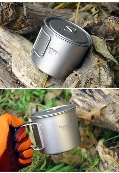 Tiartisan 350ml 750ml Tatinium Cup Hiking Tableware Fodable Handle Coffee Cups with lids Lightweight Frosted Cup Mugs