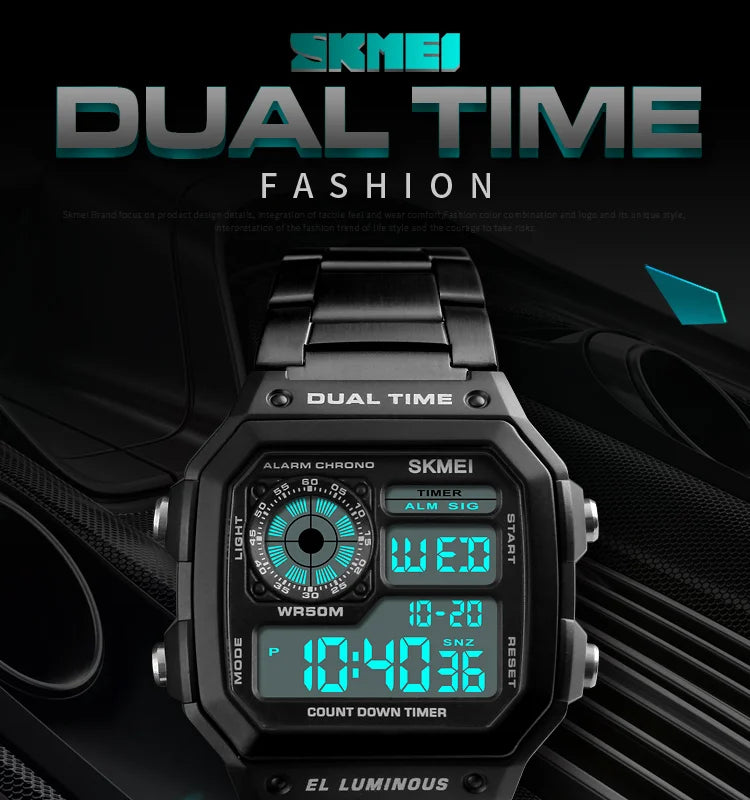 SKMEI 1335 Digital Watch for Men Retro Sports Waterproof Chrono Electronic Mens Wristwatches Stainless Steel Clock Reloj Hombre