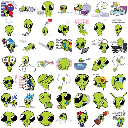 10/52pcs Green Alien Stickers DIY for Scrapbook Phone Guitar Laptop Suitcase Water Bottle Waterproof Decals Sticker Kids Toys