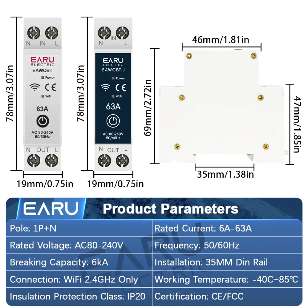 Tuya WiFi Smart Circuit Breaker MCB 1P+N 63A Timer Power Energy kWh Voltage Current Meter Protector Voice Remote Control Switch