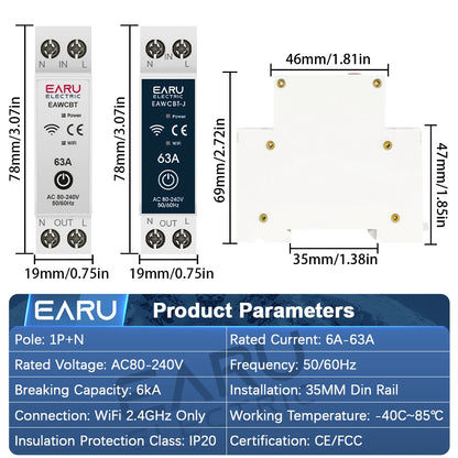 Tuya WiFi Smart Circuit Breaker MCB 1P+N 63A Timer Power Energy kWh Voltage Current Meter Protector Voice Remote Control Switch