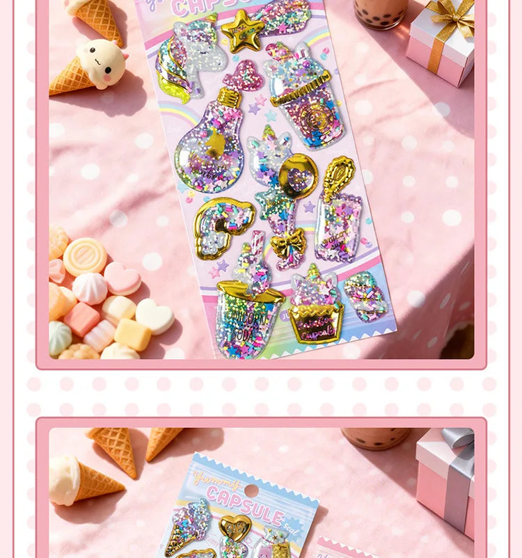 Kawaii Capsule Sparkling 3D Stickers Scrapbooking Diy Journal Stationery Sticker Cute Deco Art School Supplies