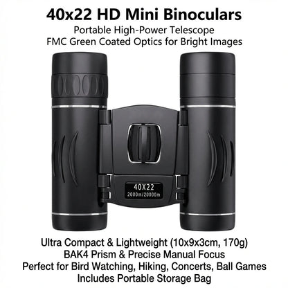 40x22 HD Binoculars with BAK4 FMC: 2000M Long Range Folding Mini Telescope, Ideal for Hunting, Sports, Camping & Travel