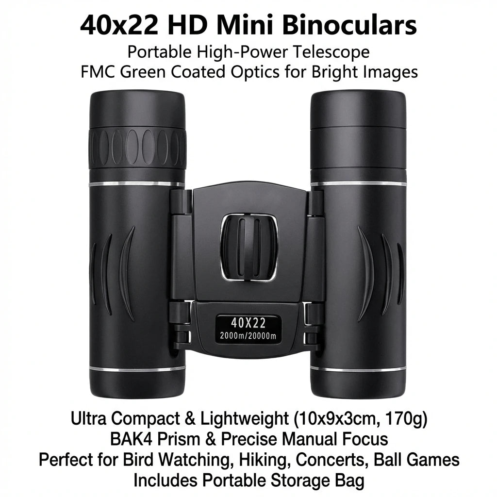 40x22 HD Binoculars with BAK4 FMC, Folding Mini Telescope with 2000M Long Range, Ideal for Hunting, Sports, Camping & Travel
