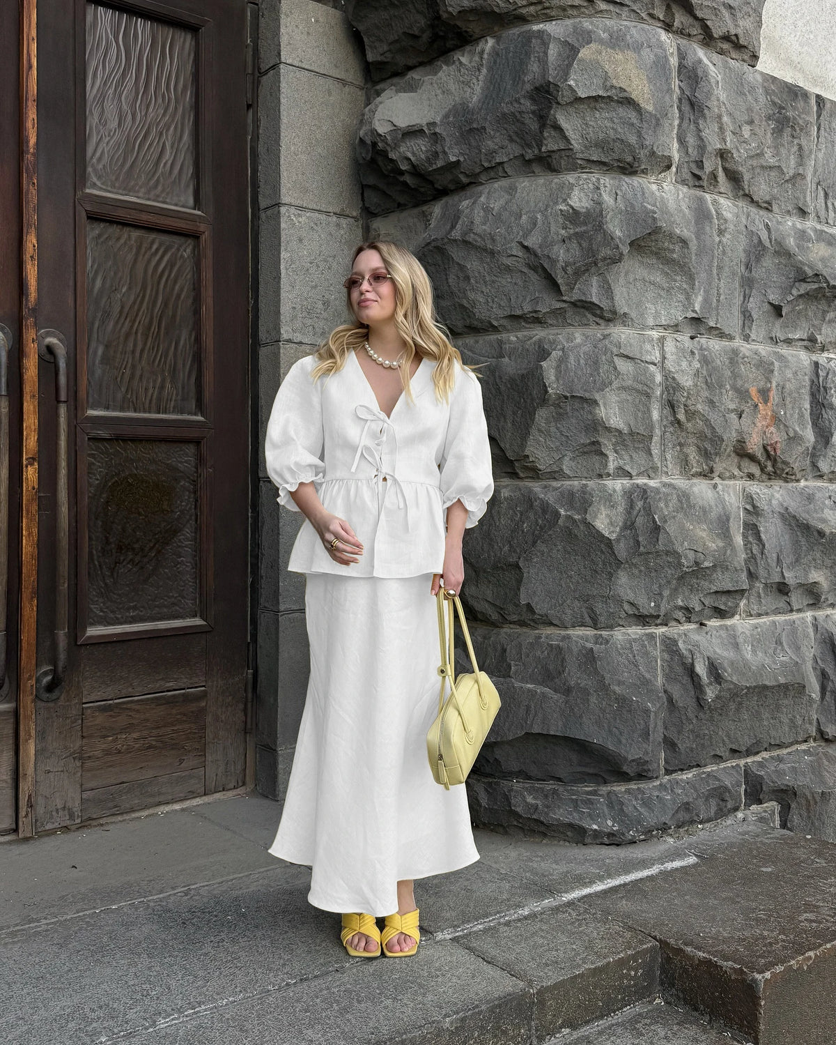 Bornladies 2025 Summer Women's 100% Cotton V-Neck Lace-Up Bubble Sleeve Shirt  Long Skirt Set Loose Casual Two-Piece Suit