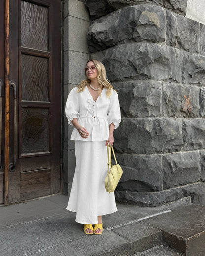 Bornladies 2025 Summer Women's 100% Cotton V-Neck Lace-Up Bubble Sleeve Shirt  Long Skirt Set Loose Casual Two-Piece Suit
