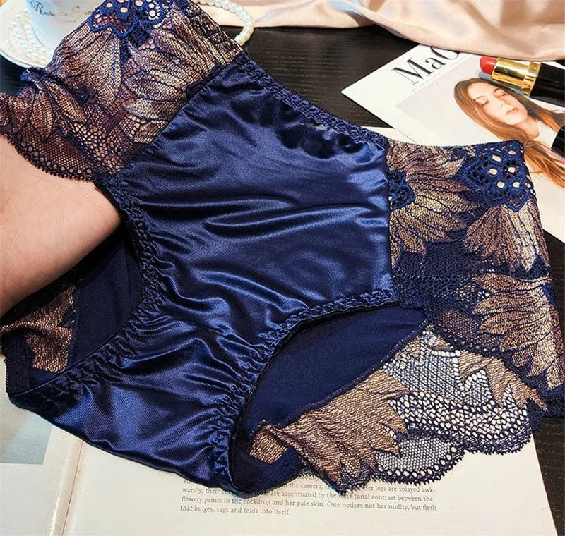 New Women Lace Flowers Panties Sexy Hollow Temptation Silk Breathable Underwear Tummy Mid Waist Butt Lift Briefs Intimate Panty
