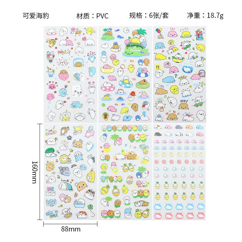 6Pieces/Set Transparent Pvc Waterproof Cartoon Sticker DIY Hand Account Decorative Stickers Kawaii Phone Cup Stickers