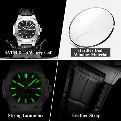 POEDAGAR Square Wristwatch For Men Luminous Waterproof Week Calendar Luxury Man Clock Leather Quartz Fashion Men's Watches Reloj