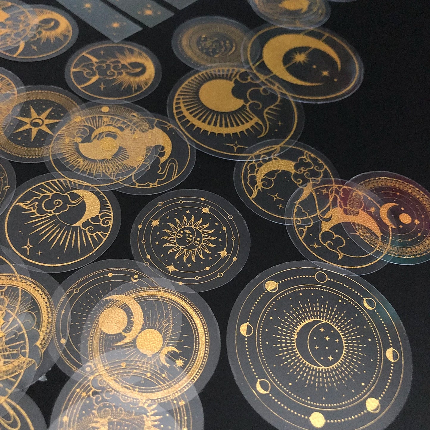 70 pcs Glitter Gold PET Adhesive Stickers Waterproof Transparent Label: SUN MOON Stars Etc