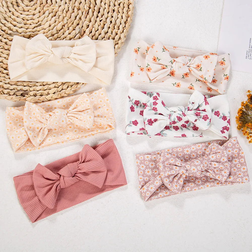 3Pcs/lot Ins Ribbed Baby Girls Headbands Floral Red Heart Dasiy Print Bows Elastic Hair Bands Toddler Vintage Hair Accessories