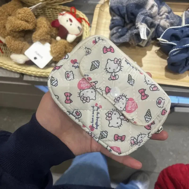 New Cute Sanrio Soft Cotton Embroidered Bow Zipper Women's Makeup Bag Cat Card Bag, Earphone Bag, Key Bag, CCD Storage Bag