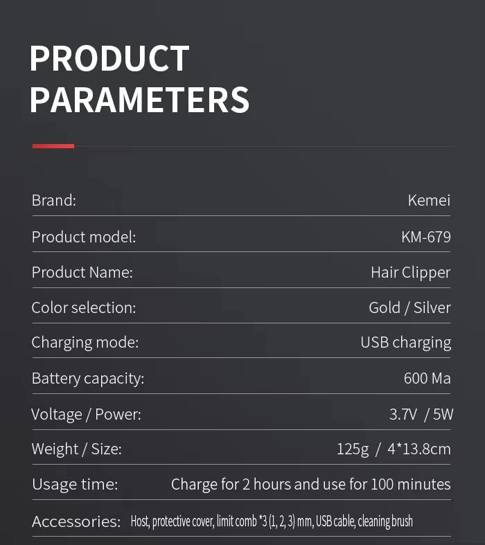 Kemei KM-679 Professional Hair Trimmer Electric Hair Clipper Men's Rechargeable Barber Cordless Cutting Machine for Bareheaded