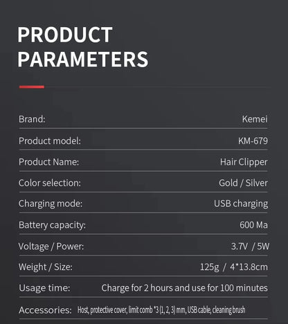 Kemei KM-679 Professional Hair Trimmer Electric Hair Clipper Men's Rechargeable Barber Cordless Cutting Machine for Bareheaded
