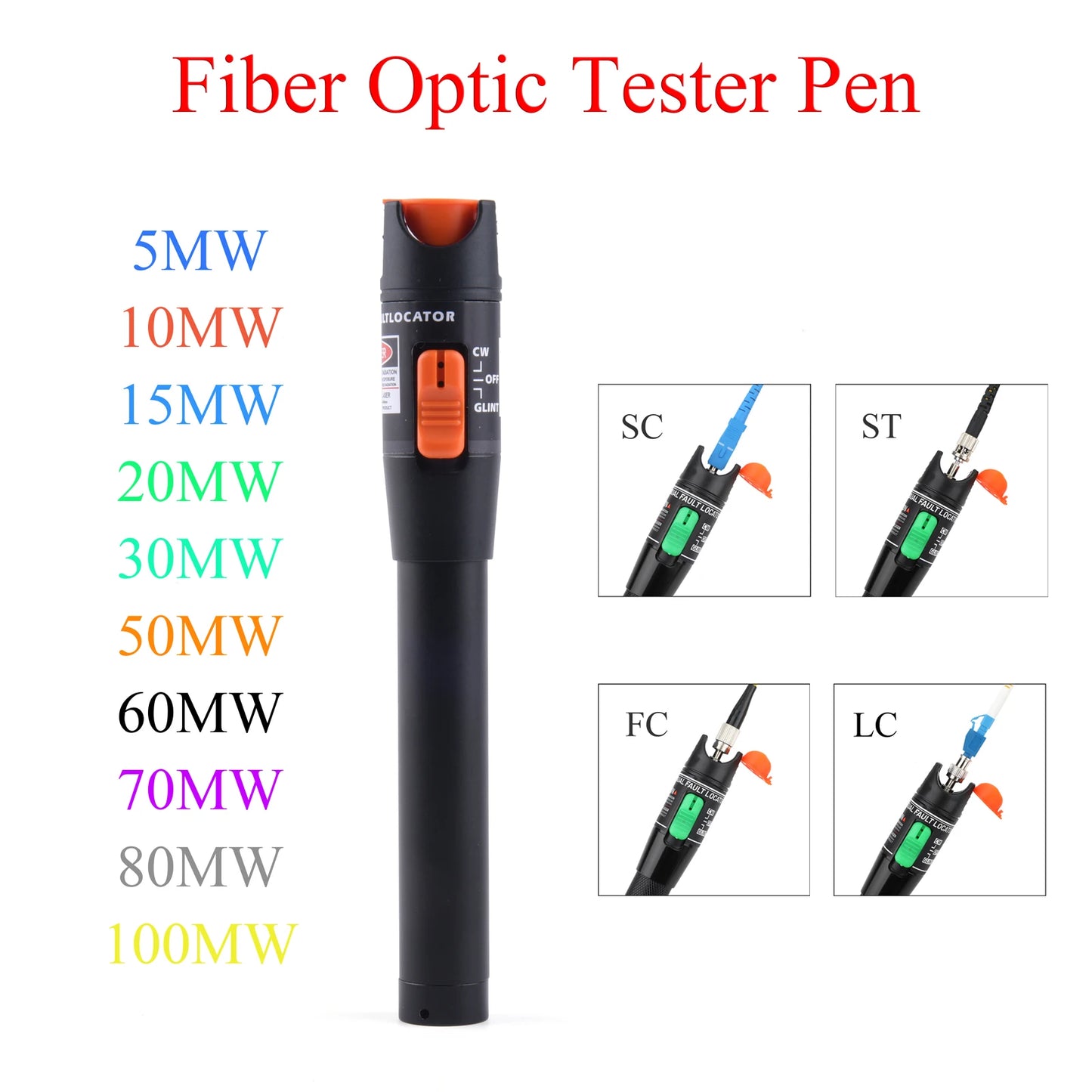 1PCS Fiber Optic Tester Tool 5MW/10MW/15MW/20MW/30MW/50MW/60MW FTTH Optic Laser Pen SC/FC/ST Adjustable Red Light Power Meter