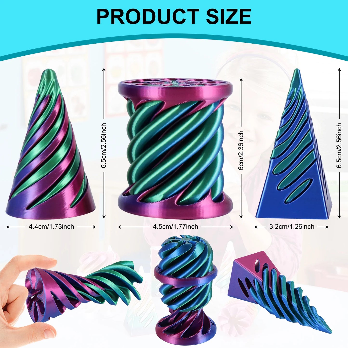 3 Pack Spiral Cone Fidget Toys 3D Printed Impossible Passthrough Pyramid Pillar Helix Screw Toys for Anxiety Relaxing