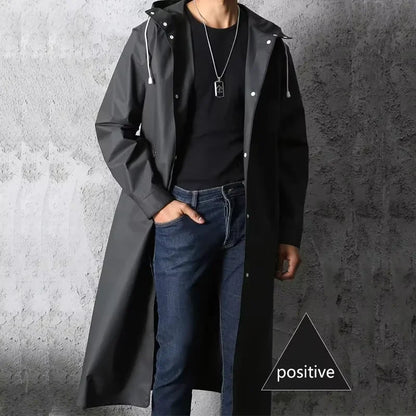 Fashion black adult windbreaker style waterproof long raincoat women's men's hooded outdoor motorcycle, bicycle, hiking, fishing