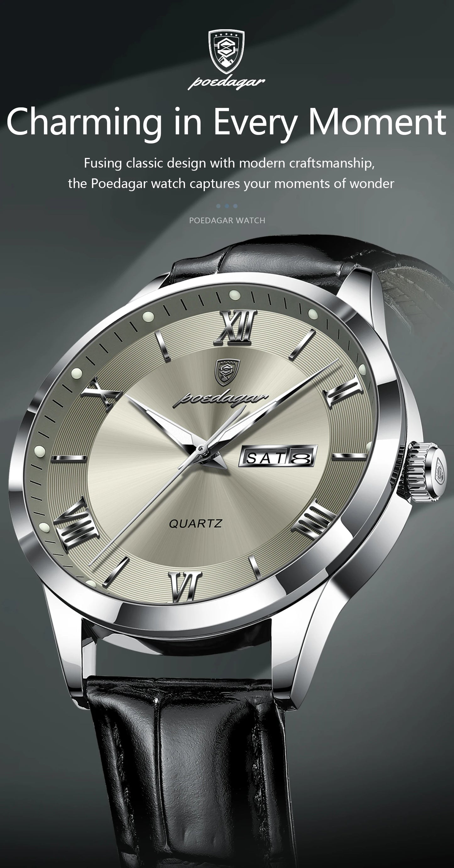 POEDAGAR Business Brand Men Clock Waterproof Luminous Date Week Fashion Man Wristwatch Leather Luxury Men's Quartz Watches Reloj