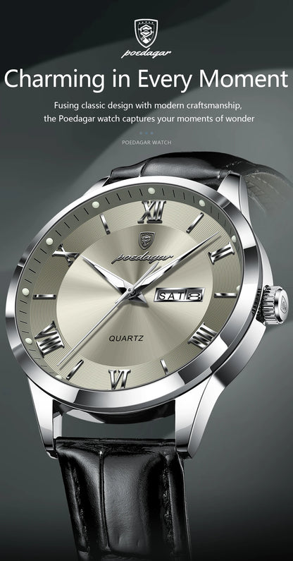 POEDAGAR Business Brand Men Clock Waterproof Luminous Date Week Fashion Man Wristwatch Leather Luxury Men's Quartz Watches Reloj