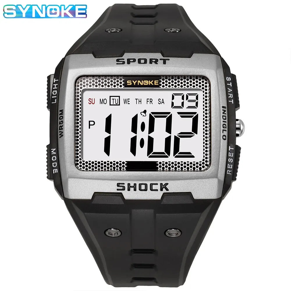 SYNOKE New For Men Sports Electronic Watch Waterproof Night Glow Large Screen Square Outdoor Running Camping Student Watch
