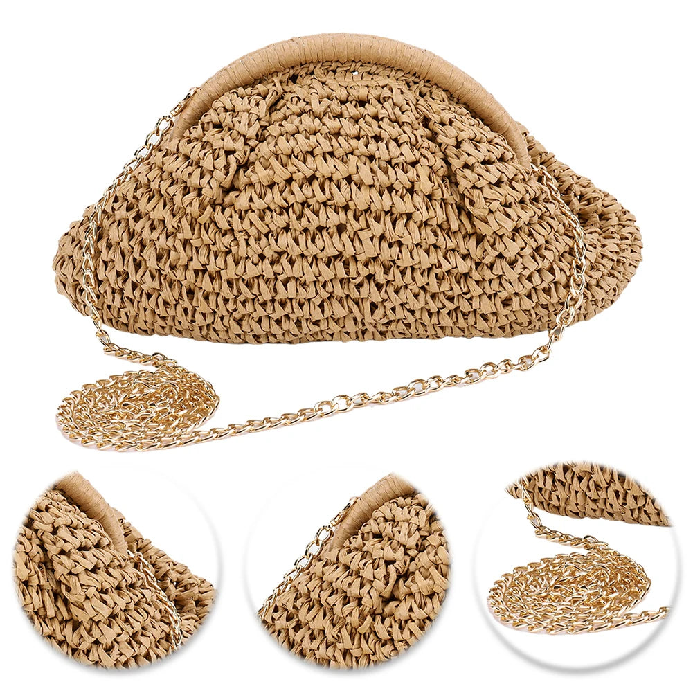 Women Straw Woven Bag Chain Strap Straw Clutch Purse Large Capacity Stylish Crossbody Bag Solid Color for Summer Beach