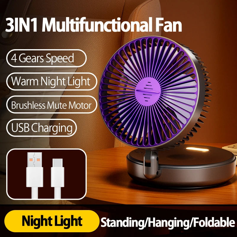2024 New Rechargeable 3IN1 Multifunctional Portable Fan Wall Mounted Fan 90° Folding Fan 4 Gears With Warm Night Light