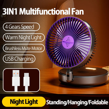 2024 New Rechargeable 3IN1 Multifunctional Portable Fan Wall Mounted Fan 90° Folding Fan 4 Gears With Warm Night Light