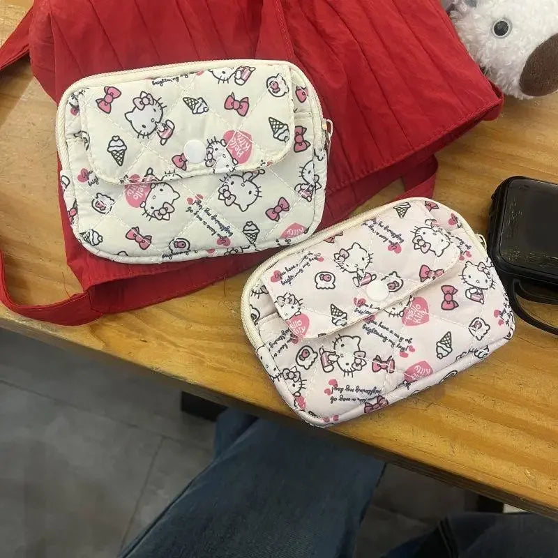 New Cute Sanrio Soft Cotton Embroidered Bow Zipper Women's Makeup Bag Cat Card Bag, Earphone Bag, Key Bag, CCD Storage Bag