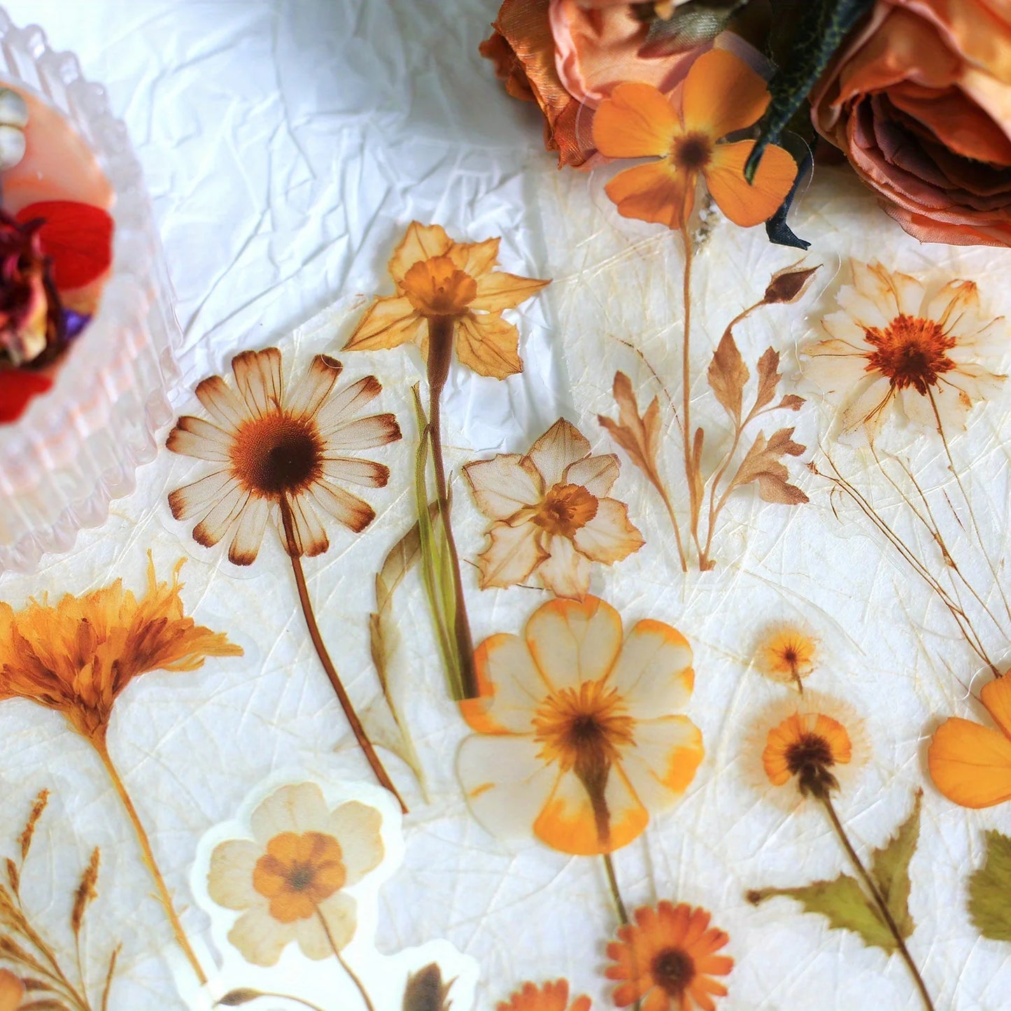 Journamm 50Pcs Transparent Decoration Flower Stickers for Scrapbooking PET Floral Stickers for Journaling Scrapbooking